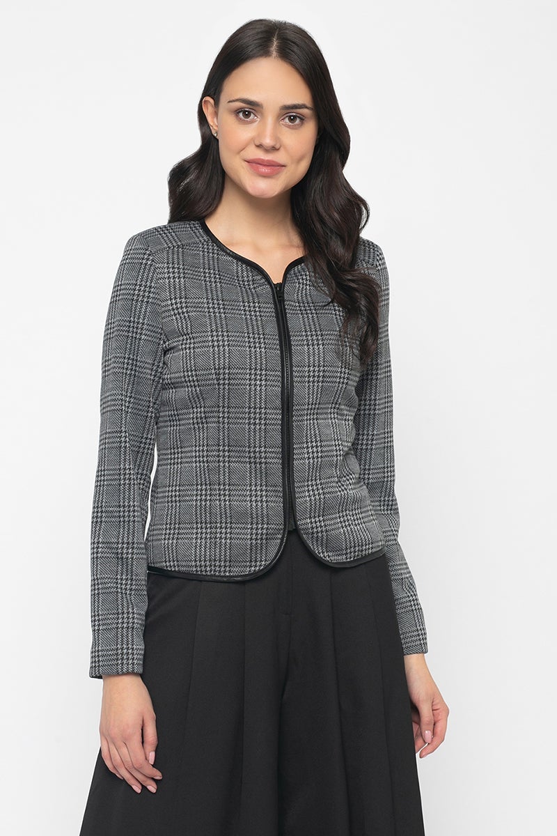 Dark Grey Regular Length Check Wool Jacket