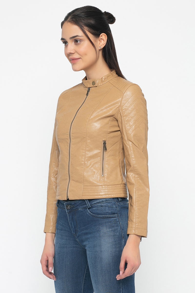 Sand Regular Length Solid PU Jacket