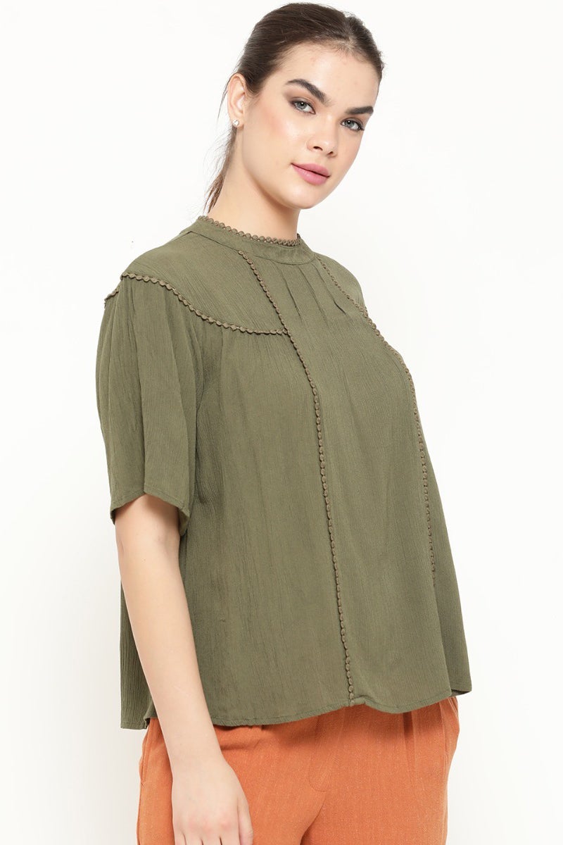 Gipsy Women Olive Round Neck Half Sleeves Top