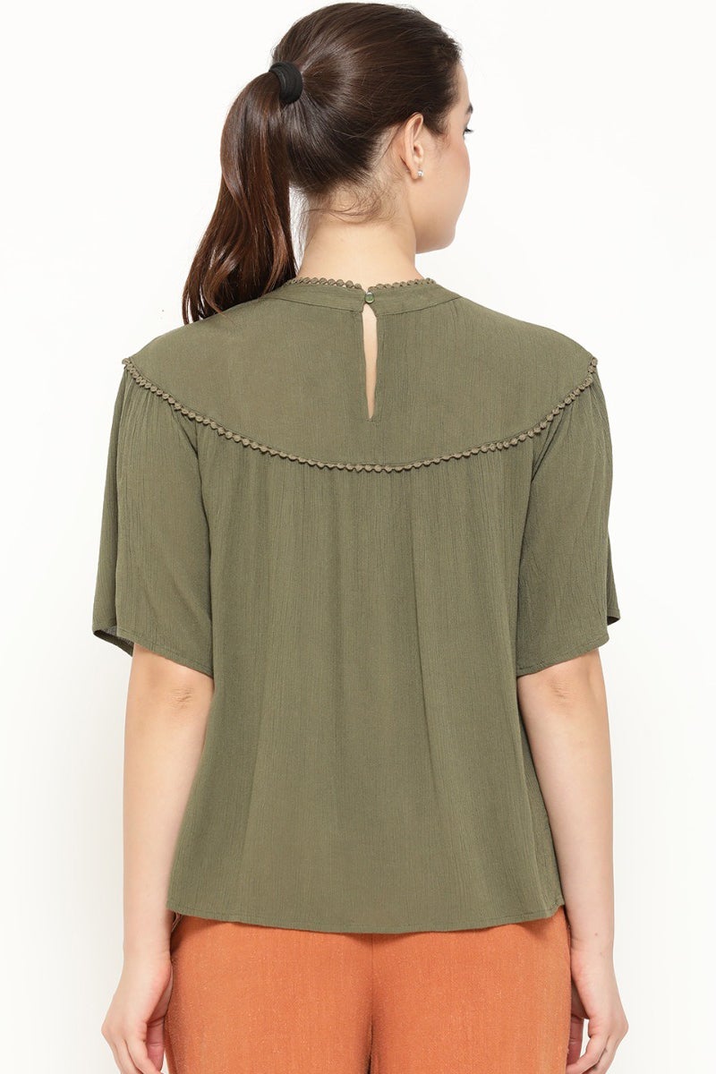 Gipsy Women Olive Round Neck Half Sleeves Top