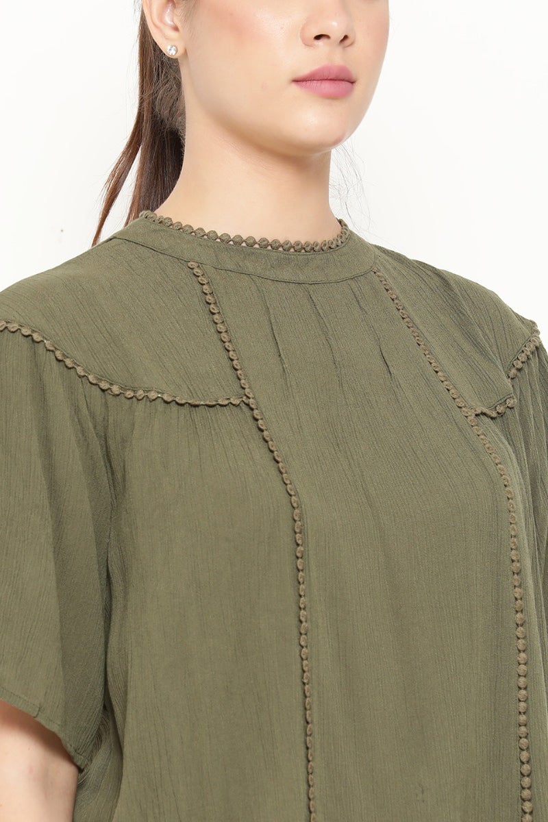 Gipsy Women Olive Round Neck Half Sleeves Top
