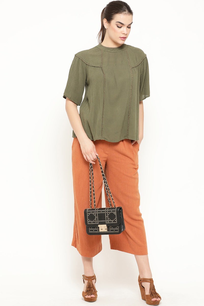 Gipsy Women Olive Round Neck Half Sleeves Top