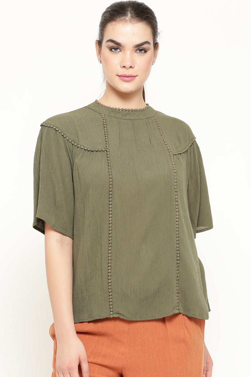 Gipsy Women Olive Round Neck Half Sleeves Top