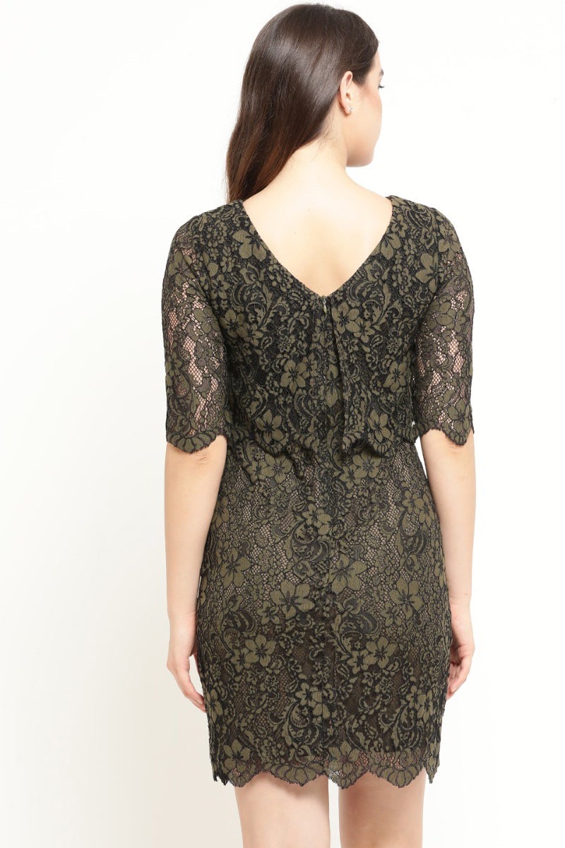 Gipsy Women Olive Round Neck 3/4 Quarter Sleeves Dress