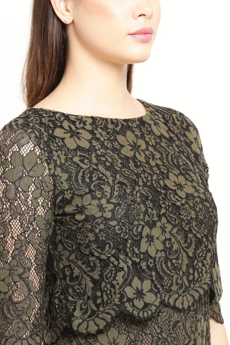 Gipsy Women Olive Round Neck 3/4 Quarter Sleeves Dress
