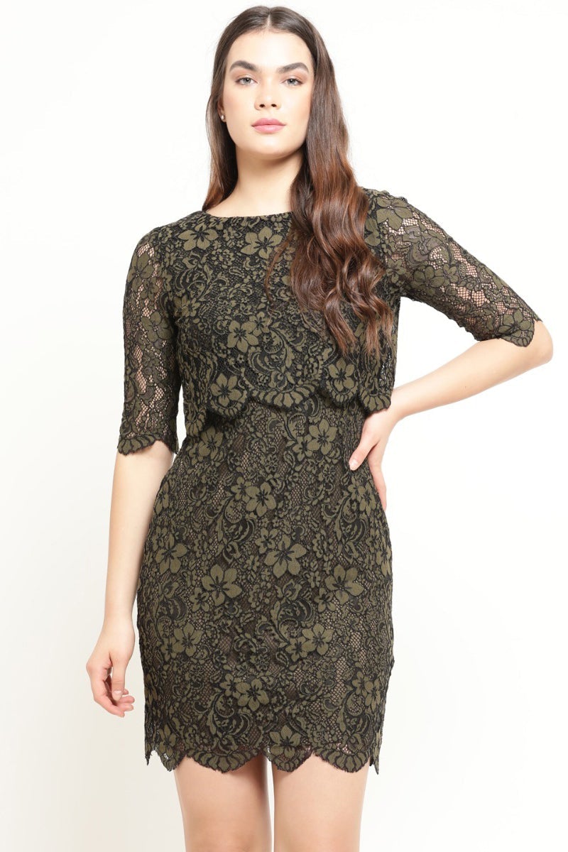 Gipsy Women Olive Round Neck 3/4 Quarter Sleeves Dress