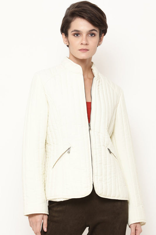 Cream Regular Length Solid PU Jacket
