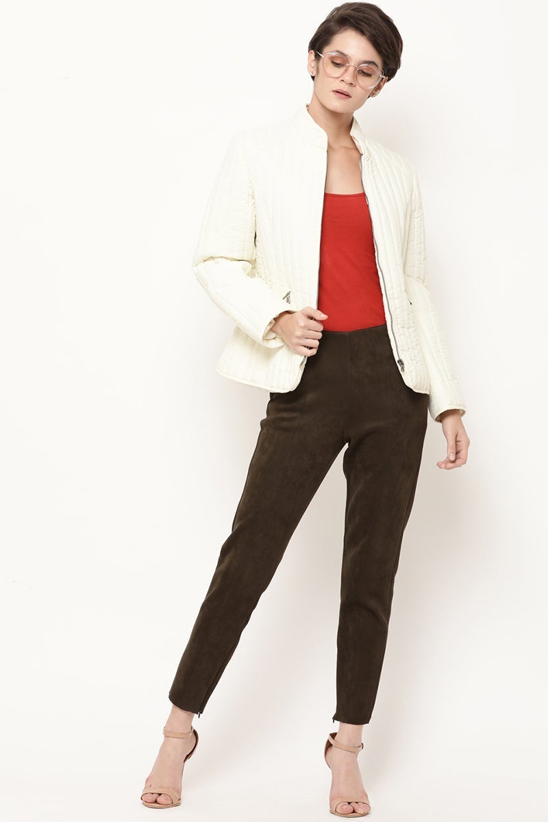Cream Regular Length Solid PU Jacket