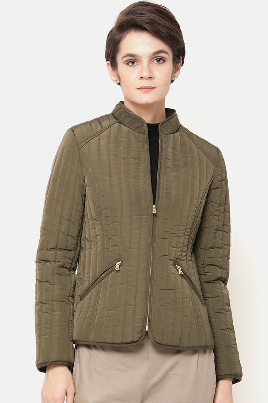 Olive Regular Length Solid Polyester Jacket