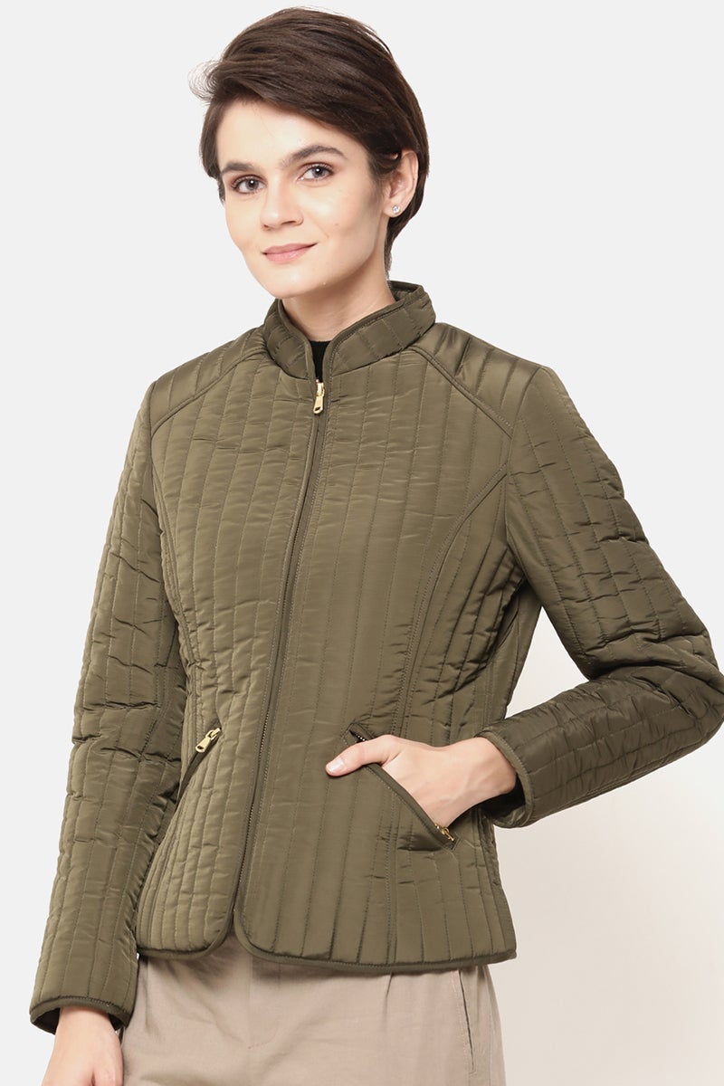 Olive Regular Length Solid Polyester Jacket