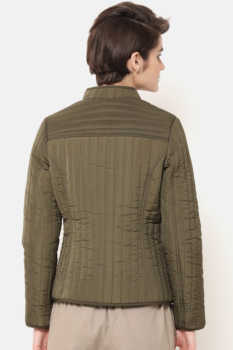 Olive Regular Length Solid Polyester Jacket