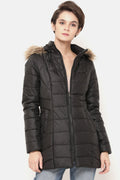Black Regular Length Solid Polyester Jacket
