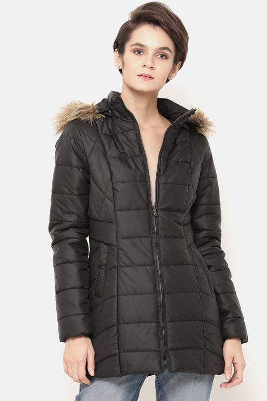 Black Regular Length Solid Polyester Jacket