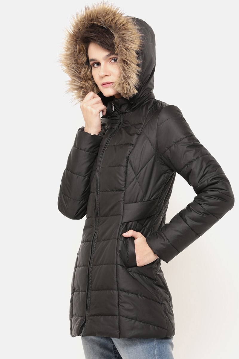 Black Regular Length Solid Polyester Jacket