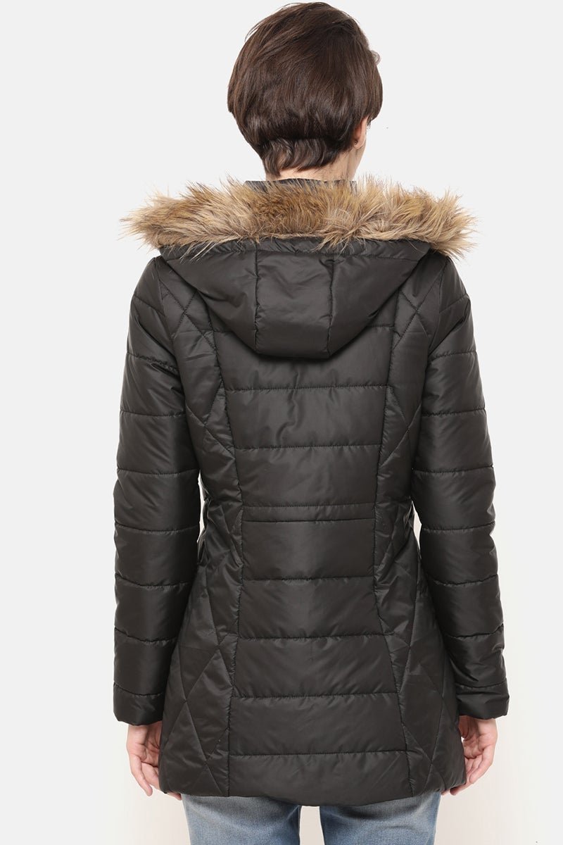 Black Regular Length Solid Polyester Jacket