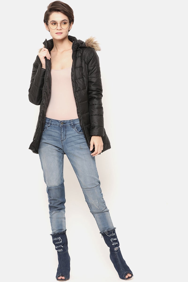 Black Regular Length Solid Polyester Jacket