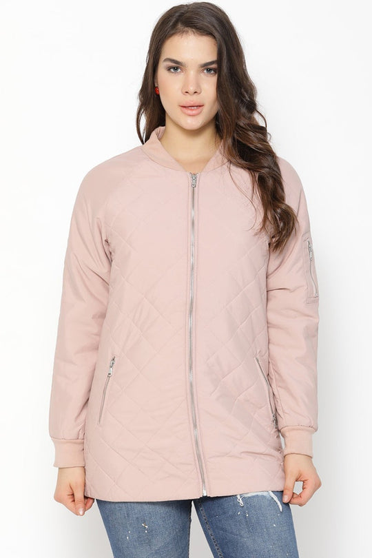 Pink Regular Length Solid Polyester Jacket