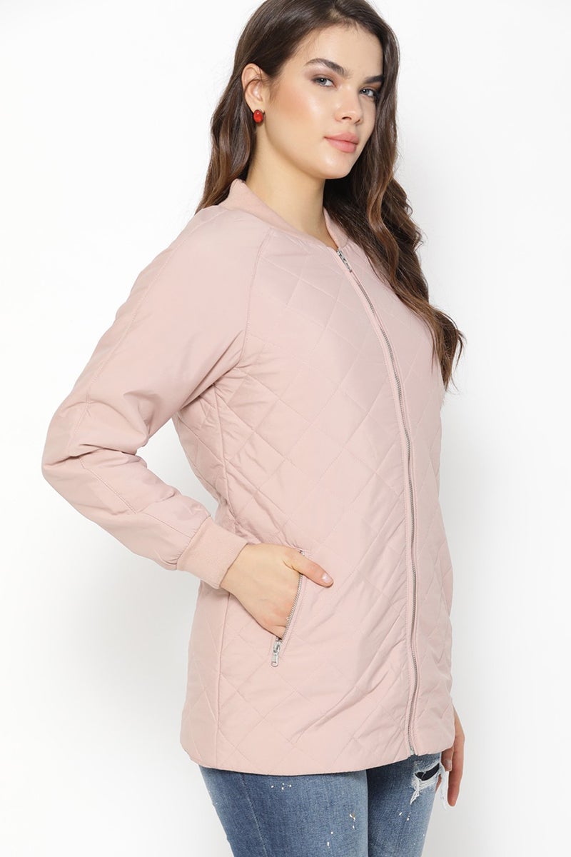 Pink Regular Length Solid Polyester Jacket