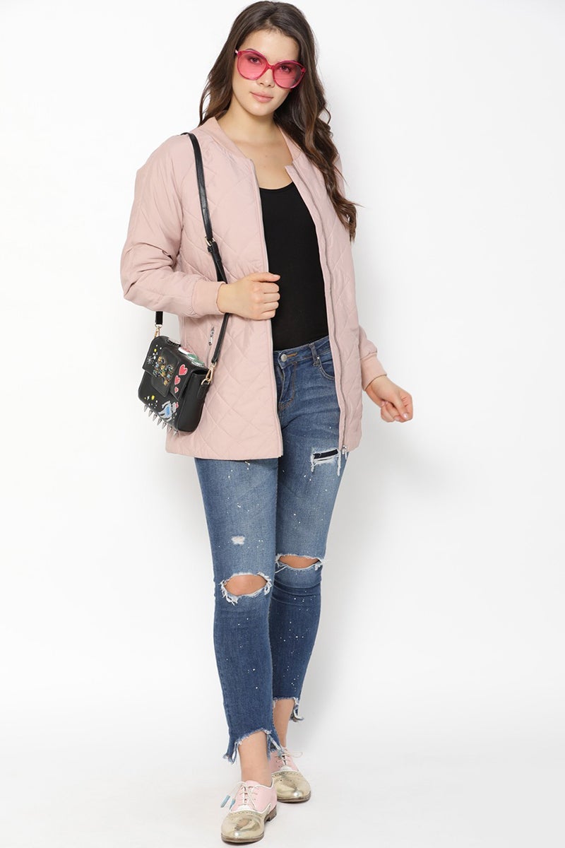 Pink Regular Length Solid Polyester Jacket