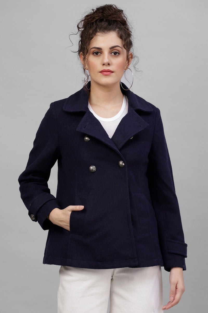 Gipsy Navy Blue Solid Woolen Jacket