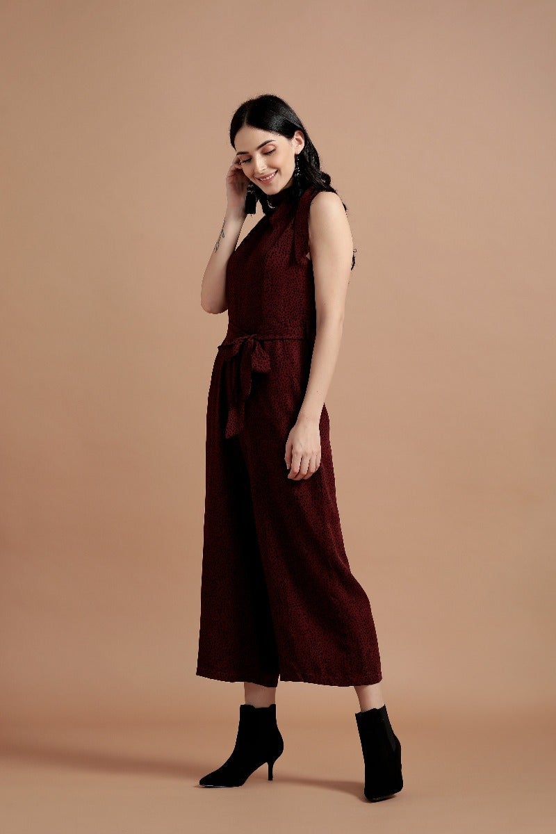 Printed Wine Knot Jumpsuit