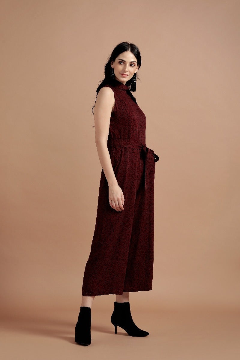 Printed Wine Knot Jumpsuit