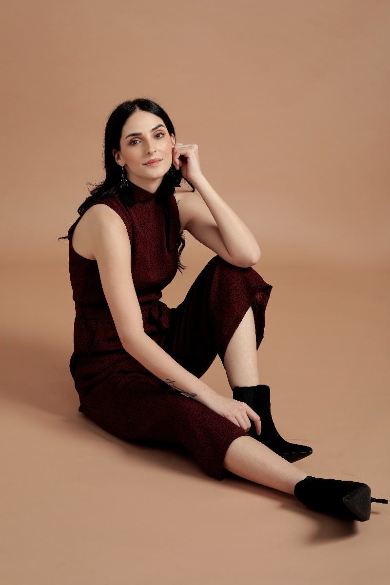 Printed Wine Knot Jumpsuit
