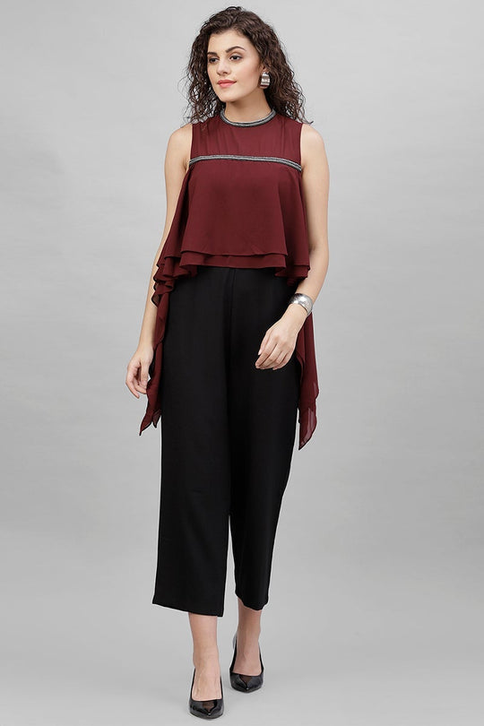 Gipsy Wine & Black Solid Georgette Jumpsuit
