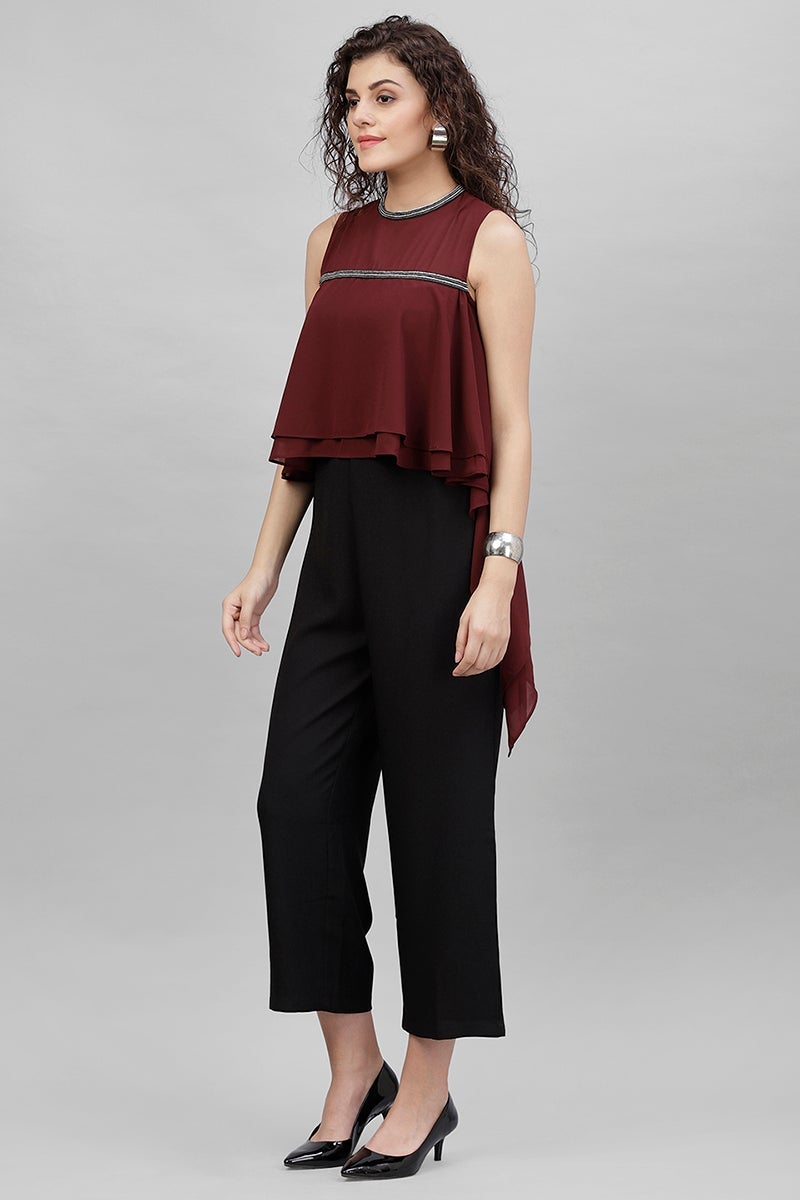Gipsy Wine & Black Solid Georgette Jumpsuit