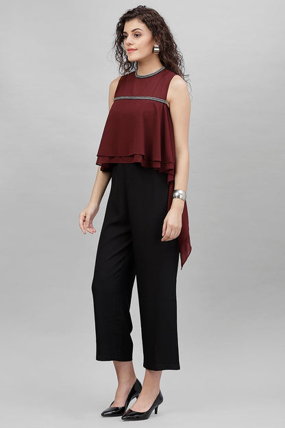 Gipsy Wine & Black Solid Georgette Jumpsuit
