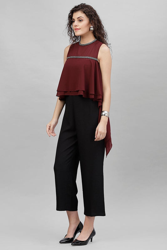 Gipsy Wine & Black Solid Georgette Jumpsuit