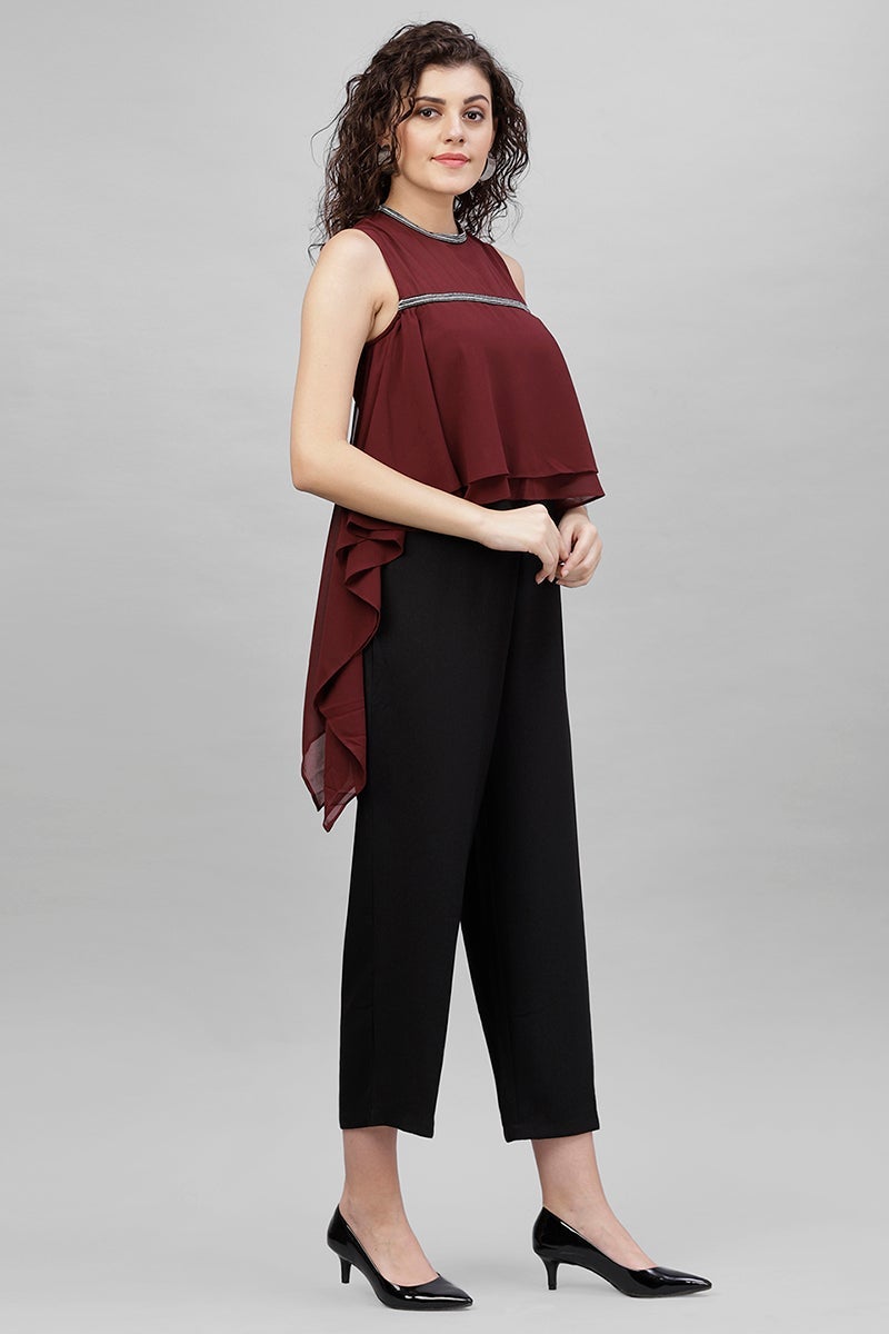Gipsy Wine & Black Solid Georgette Jumpsuit