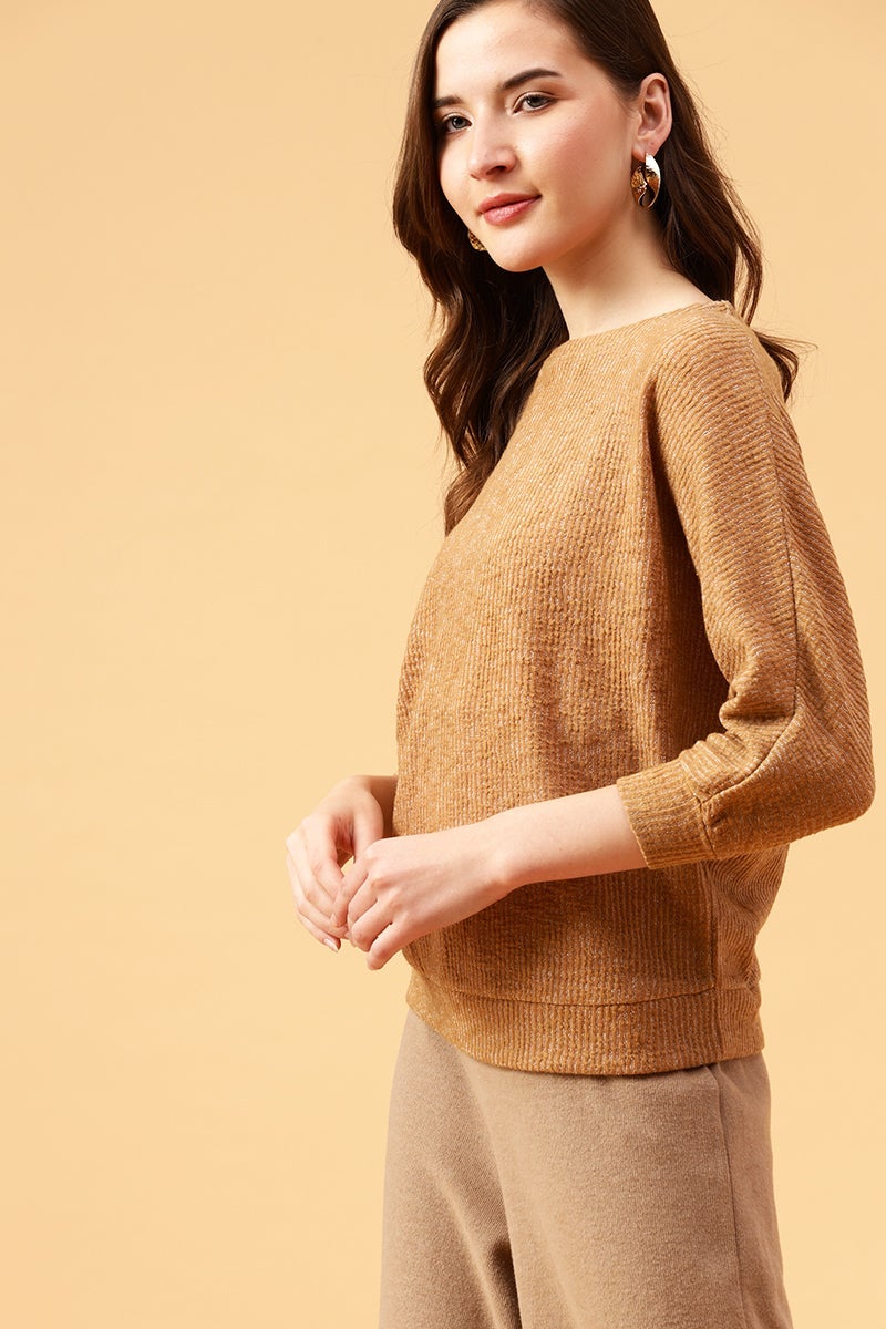 Gipsy Camel Brown Solid Acrylic Knitted Top