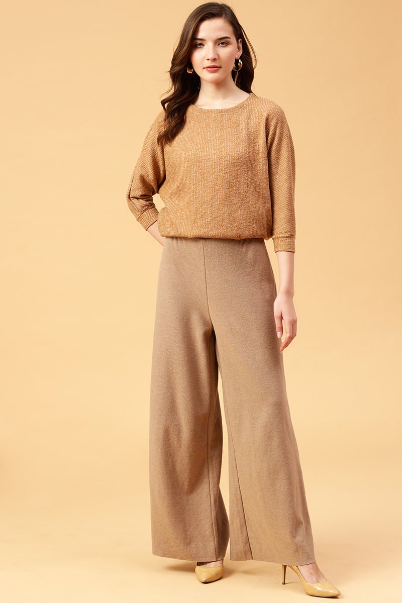 Gipsy Camel Brown Solid Acrylic Knitted Top