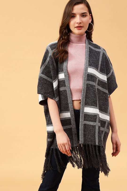 Gipsy Grey Check Pattern Acrylic Poncho/Sweater