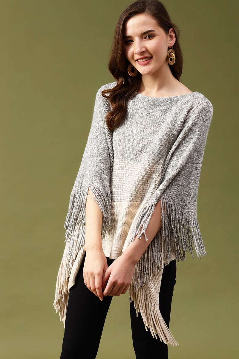 Gipsy Beige Solid Acrylic Poncho/Sweater
