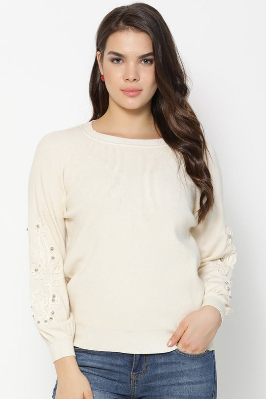 Beige Medium Length Round Neck Sweater