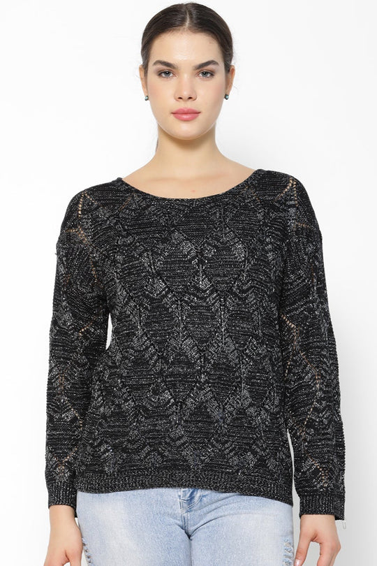 Black Medium Length Round Neck Sweater