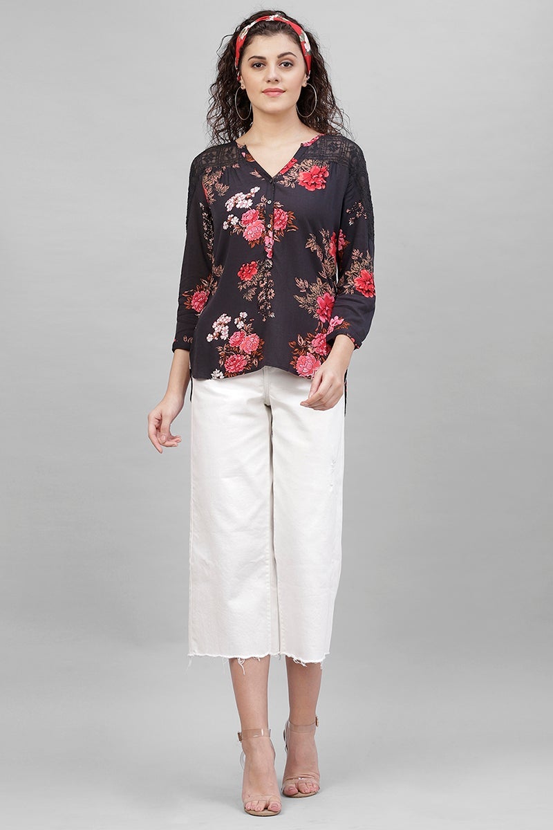 Gipsy Black Floral Print Polyester Tunic