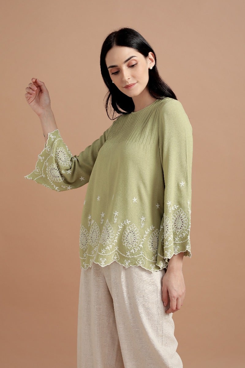 Lime Green Schiffli Embroidered Top.