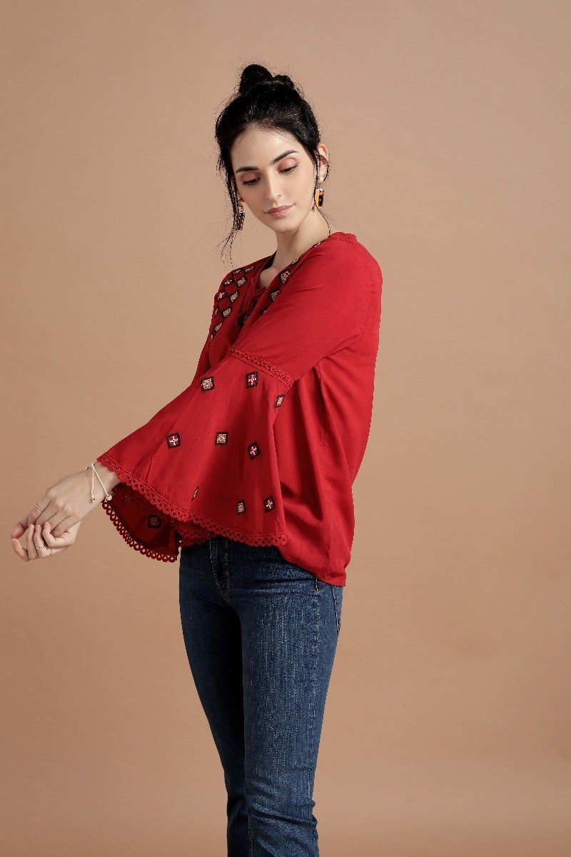 Vibrant Red Tribal Top