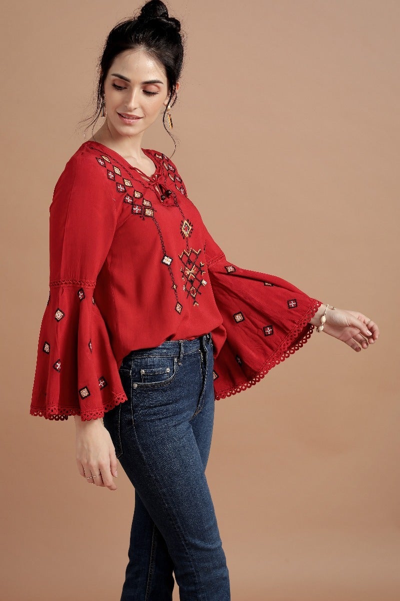Vibrant Red Tribal Top