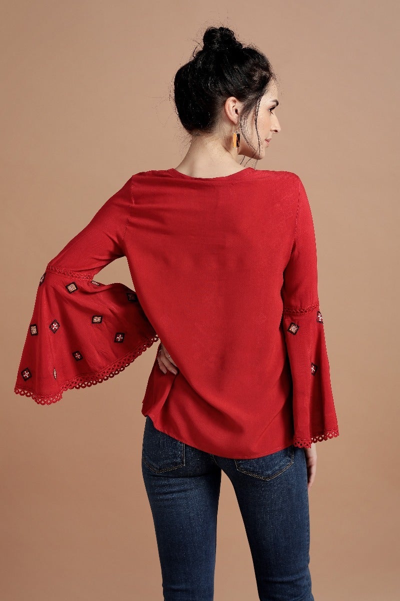 Vibrant Red Tribal Top
