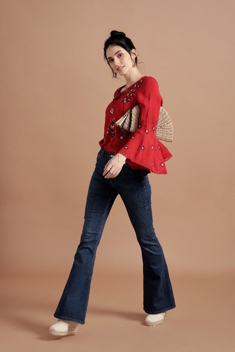 Vibrant Red Tribal Top