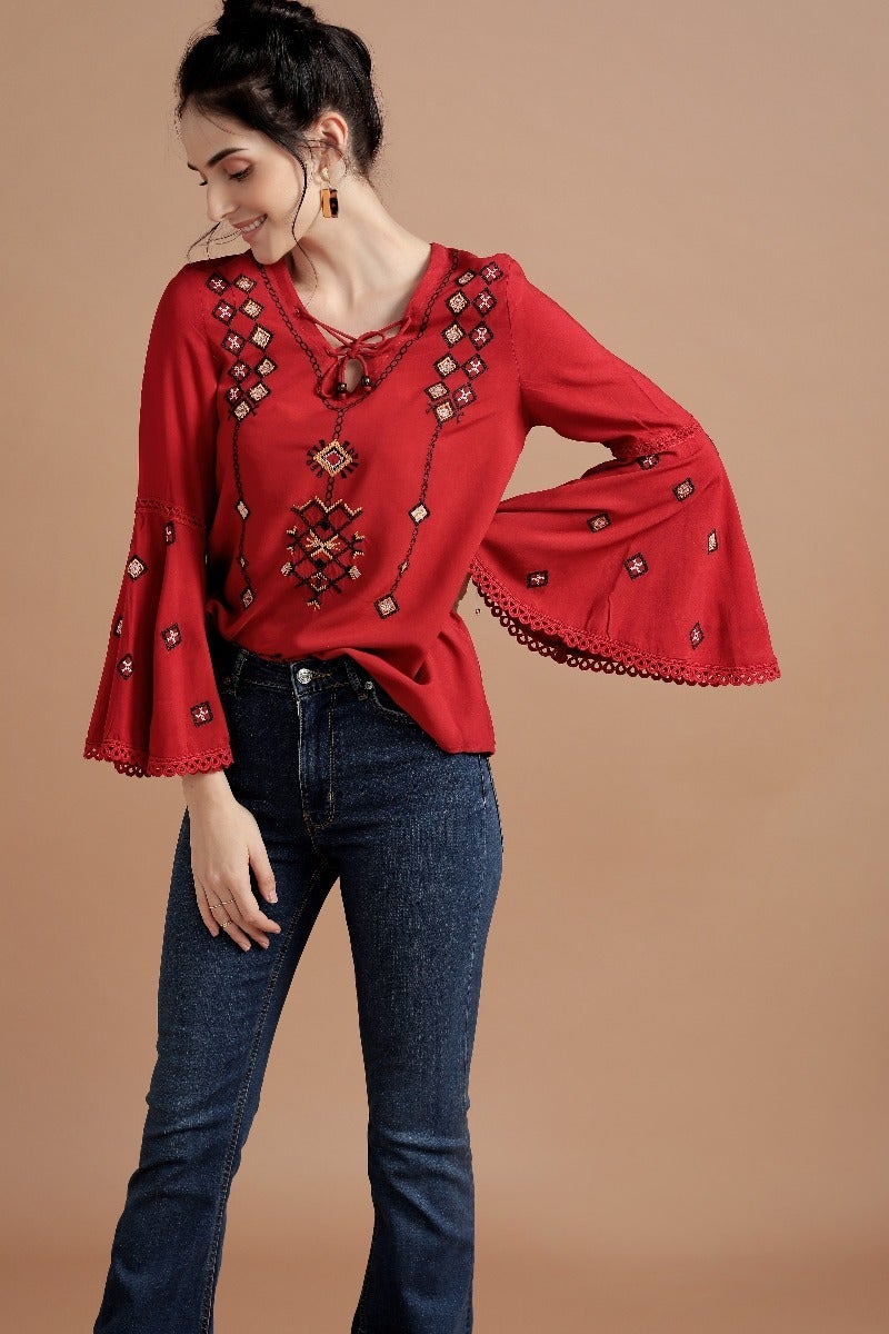 Vibrant Red Tribal Top