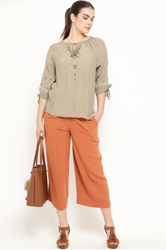 Gipsy Women Olive Round Neck 3/4 Quarter Sleeves Tunic