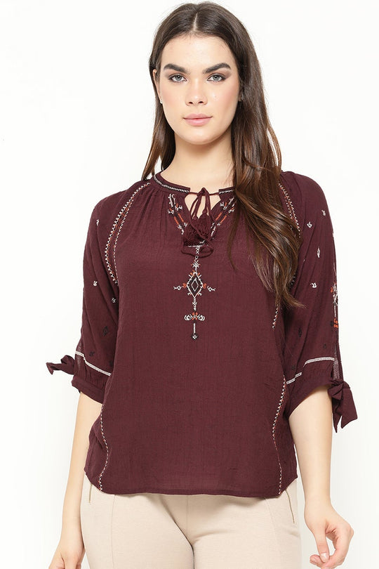 Wine Medium Length Tie-Up Linen Tunic