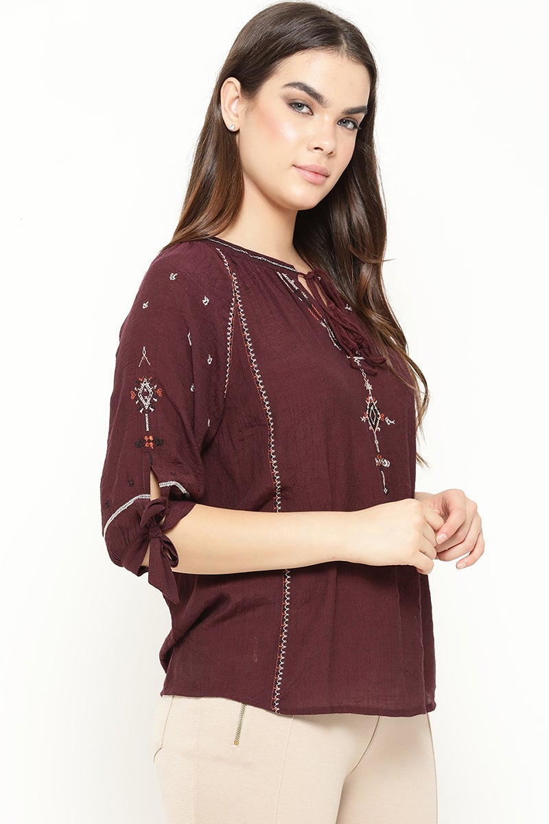 Wine Medium Length Tie-Up Linen Tunic