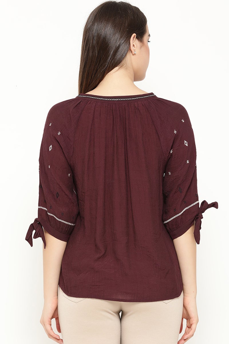 Wine Medium Length Tie-Up Linen Tunic