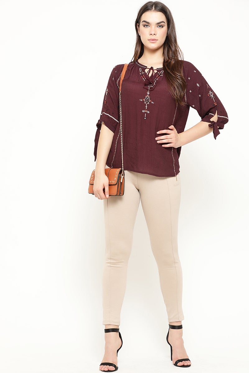Wine Medium Length Tie-Up Linen Tunic